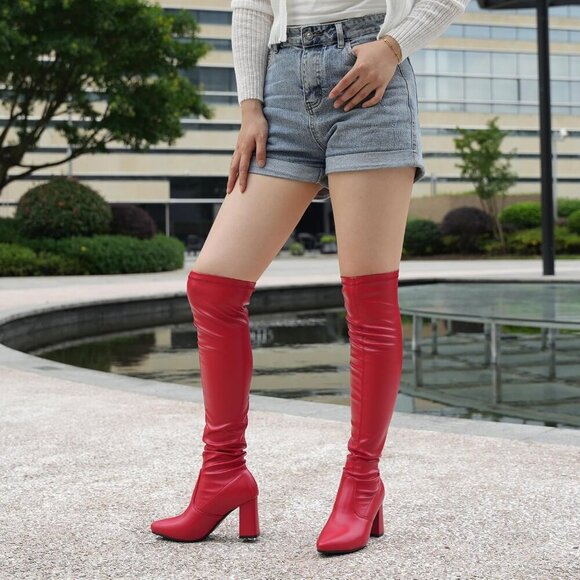 Women's Red-pu Polyurethane (PU) Thigh High Over The Knee Pointy toe Boots - Picture 4 of 5